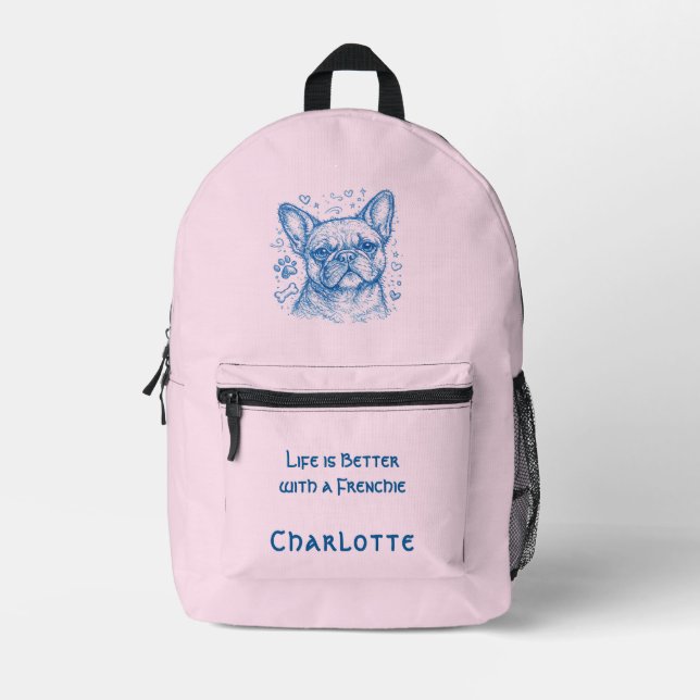 French Bulldog blue lineart doodle frenchie pink Printed Backpack (Front)