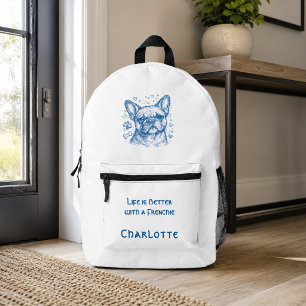 French Bulldog blue lineart doodle frenchie Printed Backpack