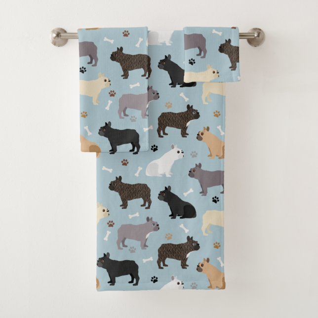 French Bulldog Bones and Paws Blue Bath Towel Set (Insitu)
