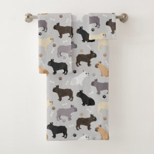 French Bulldog Bones and Paws Grey Bath Towel Set
