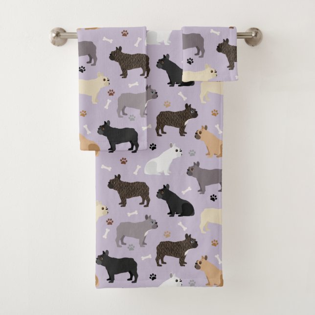 French Bulldog Bones and Paws Purple Bath Towel Set (Insitu)
