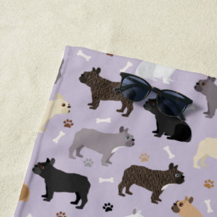 French Bulldog Bones and Paws Purple Beach Towel