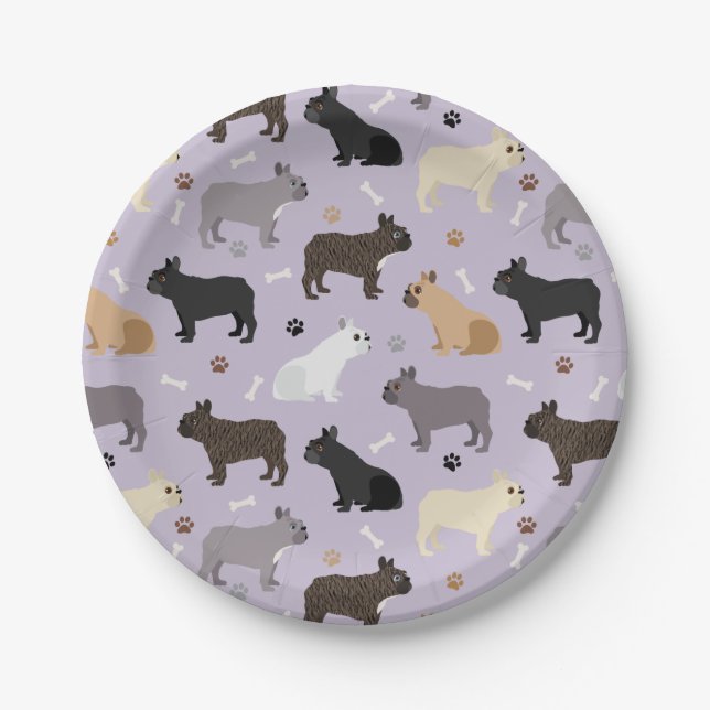 French Bulldog Bones and Paws Purple Paper Plate (Front)