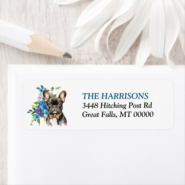 French Bulldog Bow Tie Blue Floral Return Address (Insitu)