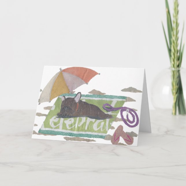 French Bulldog, Brindle Frenchie, Colourful, Beach Card (Front)