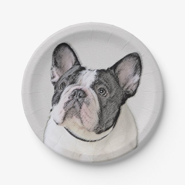 French Bulldog (Brindle Pied) Painting - Dog Art Paper Plate (Front)