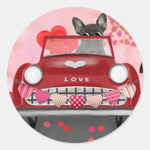 French Bulldog Car with Hearts Valentine's Classic Round Sticker