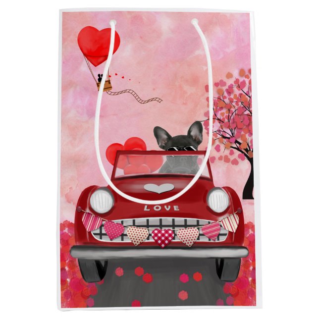French Bulldog Car with Hearts Valentine's  Medium Gift Bag (Front)