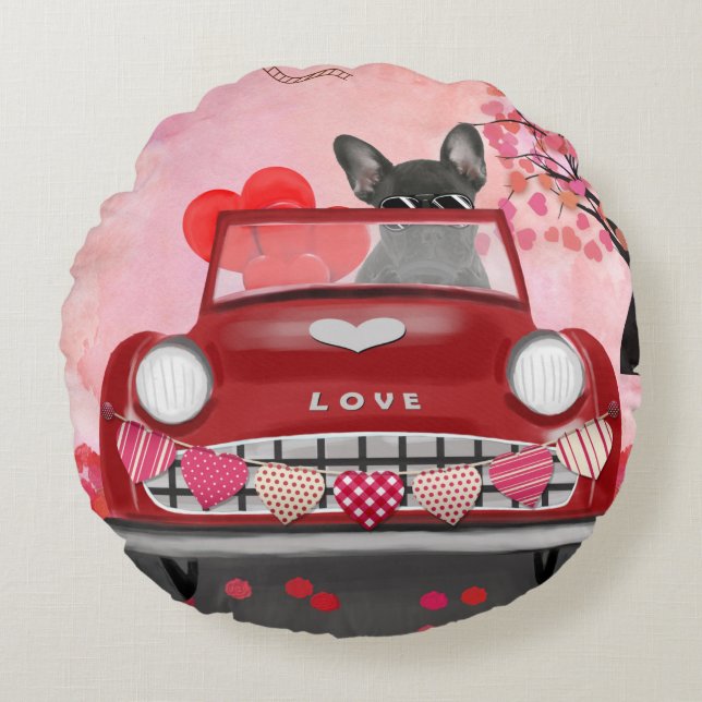 French Bulldog Car with Hearts Valentine's  Round Cushion (Front)