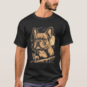 French Bulldog Celestial Moon Art Vintage Woodcut T-Shirt
