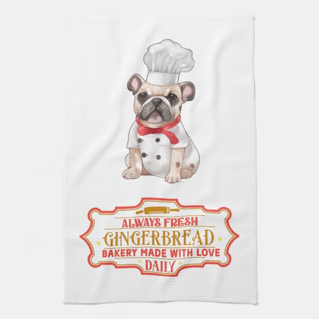 French Bulldog Chef Baking Gingerbread Tea Towel (Vertical)
