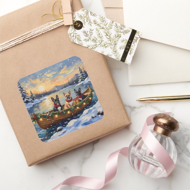 French Bulldog Christmas Boat Holiday Square Sticker (Gifting)