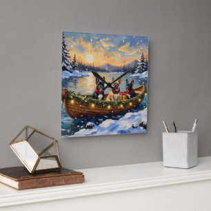 French Bulldog Christmas Boat Holiday Square Wall Clock