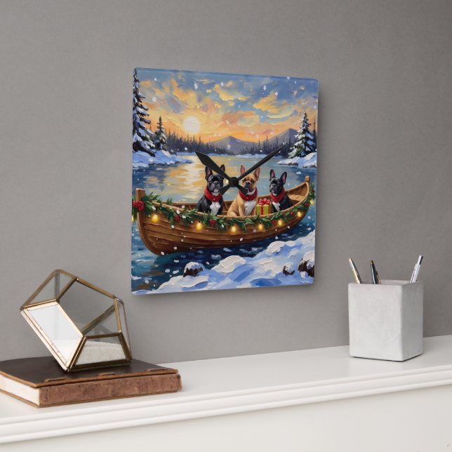 French Bulldog Christmas Boat Holiday Square Wall Clock (Office)