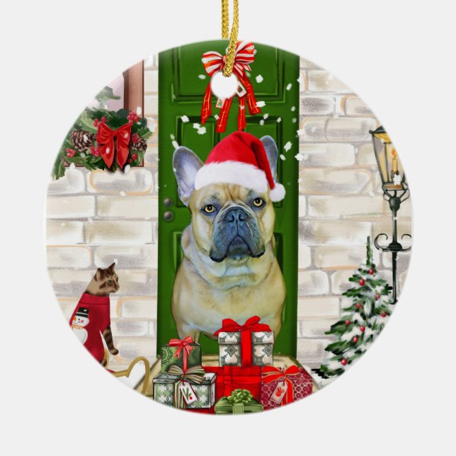 French Bulldog Christmas  Ceramic Tree Decoration (Front)