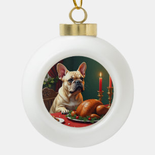 French Bulldog Christmas Eve Feast Painting Ceramic Ball Christmas Ornament