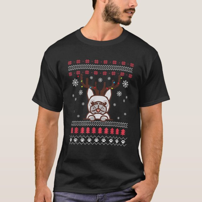 French Bulldog Christmas  Frenchie Reindeer Holida T-Shirt (Front)