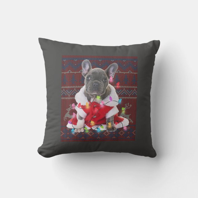 French Bulldog Christmas Lights Ugly Sweater Dog Cushion (Front)