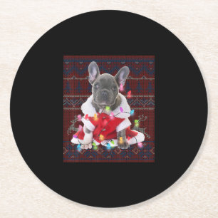 French Bulldog Christmas Lights Ugly Sweater Dog Round Paper Coaster