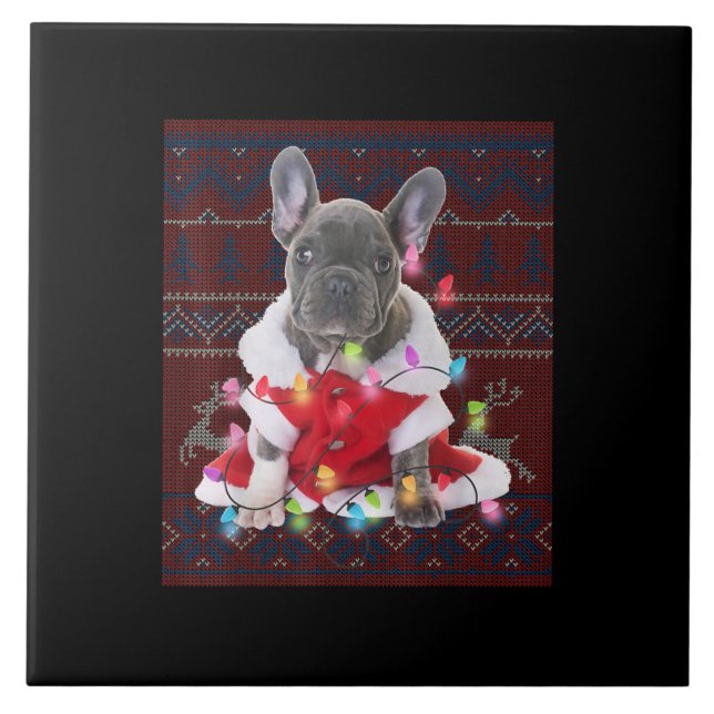 French Bulldog Christmas Lights Ugly Sweater Dog Tile (Front)
