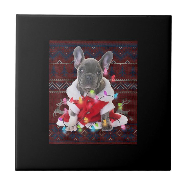 French Bulldog Christmas Lights Ugly Sweater Dog Tile (Front)