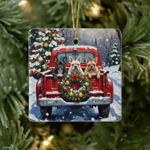 French Bulldog Christmas Red Truck Holiday Ceramic Ornament
