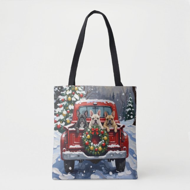 French Bulldog Christmas Red Truck Holiday Tote Bag (Front)