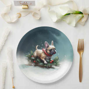 French Bulldog Christmas snow winter Paper Plate