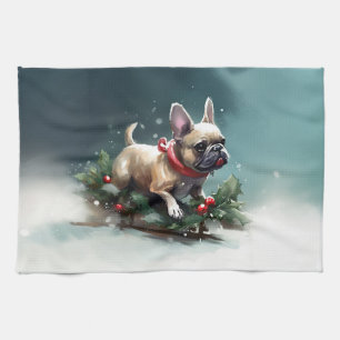French Bulldog Christmas snow winter  Tea Towel