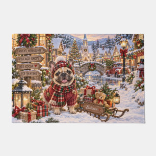French Bulldog Christmas Snowy Village Painting Doormat