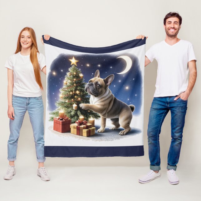 French Bulldog Christmas Tree Bulldog Fleece Blanket (In Situ)