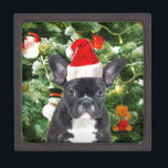 French Bulldog Christmas Tree Ornaments Snowman Keepsake Box<br><div class="desc">Cute French Bulldog with Christmas Tree Ornaments Snow Man in background.</div>