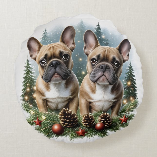 French Bulldog Christmas Wreath Bulldog Round Cushion (Back)