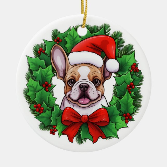 French Bulldog Christmas Wreath Ceramic Tree Decoration (Front)