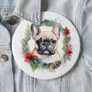 French Bulldog Christmas Wreath Festive Pup 6 Cm Round Badge