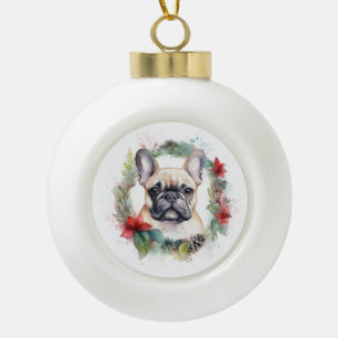 French Bulldog Christmas Wreath Festive Pup Ceramic Ball Christmas Ornament
