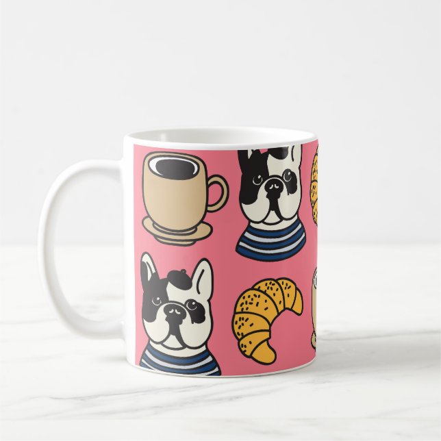 French bulldog, coffee, croissant theme. coffee mug (Left)