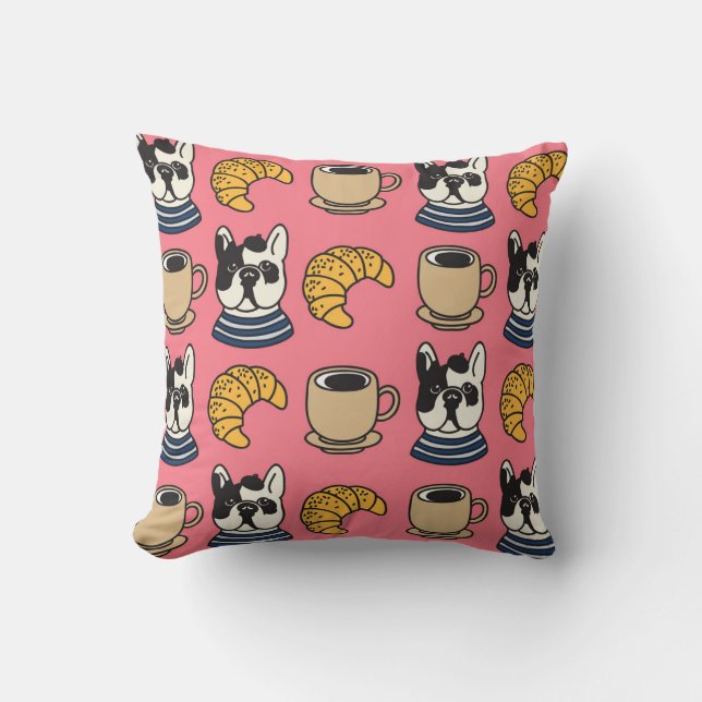 French bulldog, coffee, croissant theme. cushion (Front)