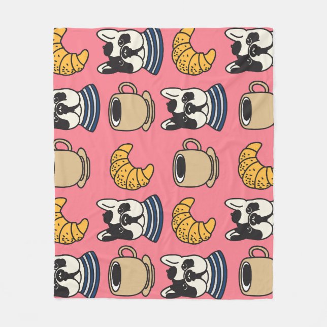 French bulldog, coffee, croissant theme. fleece blanket (Front)