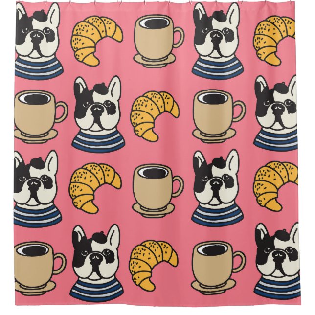 French bulldog, coffee, croissant theme. shower curtain (Front)