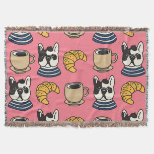 French bulldog, coffee, croissant theme. throw blanket