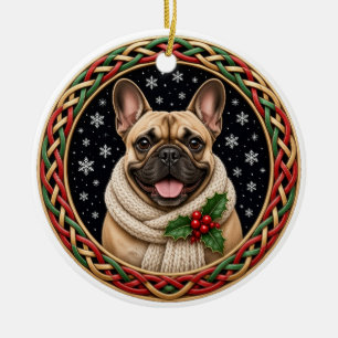 French Bulldog Cosy Scarf Celtic Christmas Ceramic Tree Decoration
