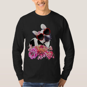 French Bulldog Crown Flowers And Heart Sunglasses T-Shirt