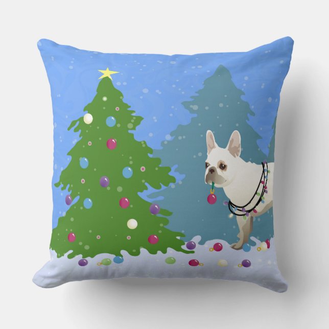 French Bulldog Decorating Tree in the Forest Cushion (Front)