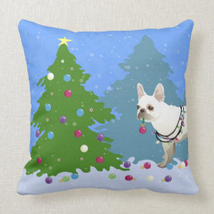 French Bulldog Decorating Tree in the Forest Cushion