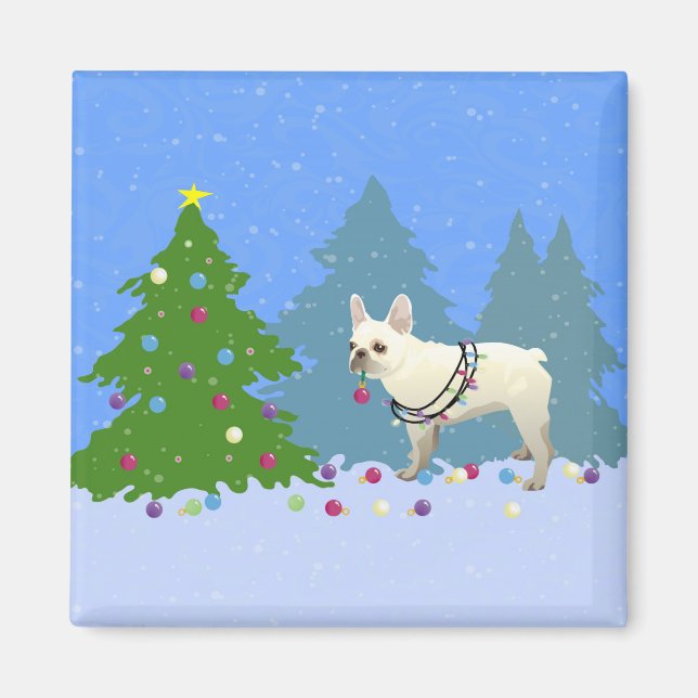 French Bulldog Decorating Tree in the Forest Magnet (Front)