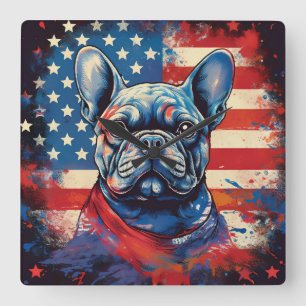 French Bulldog & Distressed American Flag Square Wall Clock