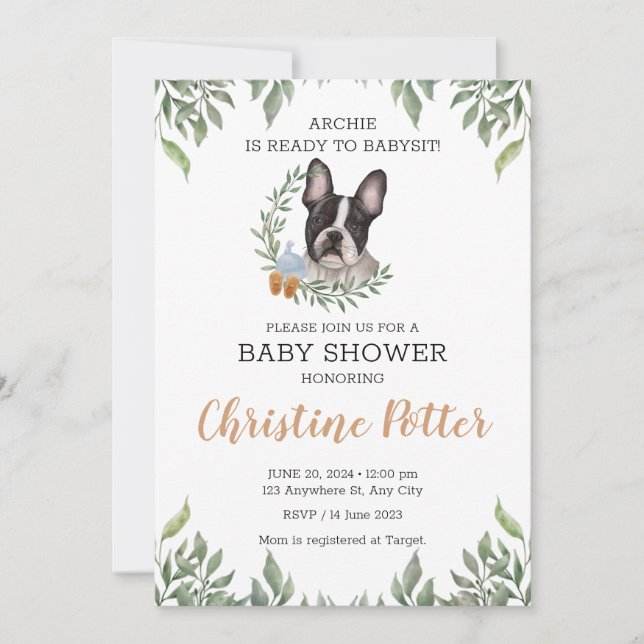 French Bulldog Dog Boy Boho Greenery Baby Shower Invitation (Front)