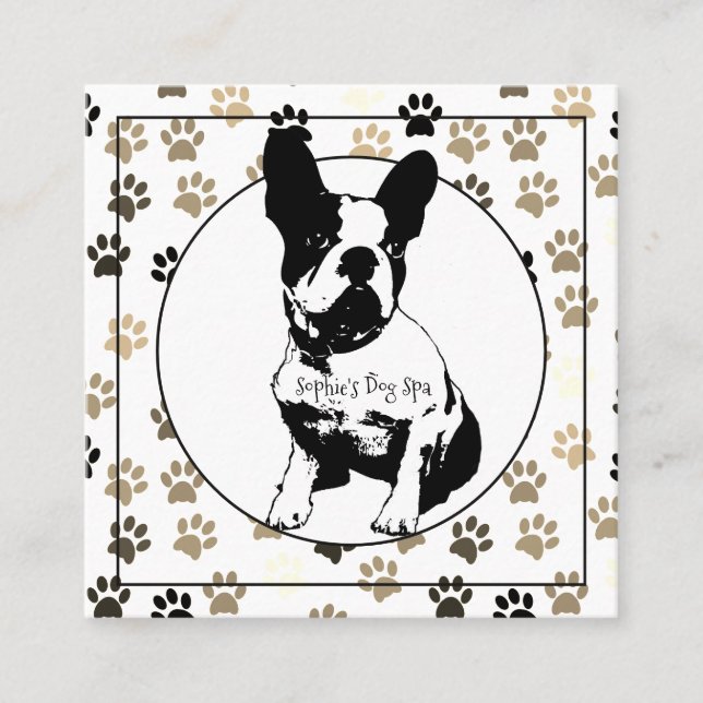 French Bulldog Dog Groomer Paw Print Pattern White Square Business Card (Front)