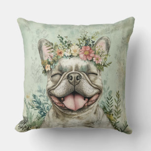 French Bulldog Dog Lover Green Floral Cushion